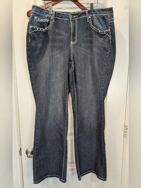 Earl Jean 18W Bootcut Jeans Stretch Dark Wash Rhinestone Fleur De Lis Plus Size